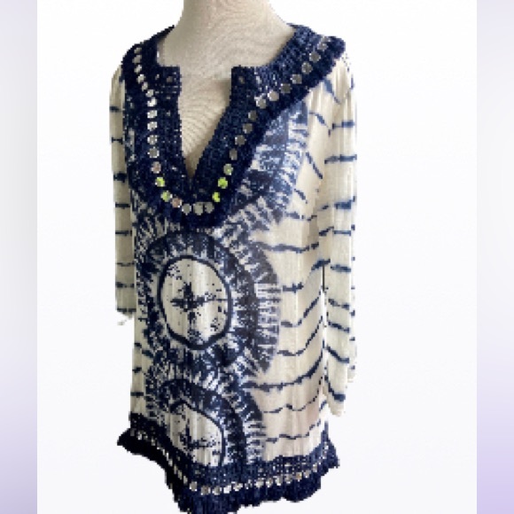 Tory Burch Blue & White Tunic Cover Up Size 8 - Picture 2 of 11